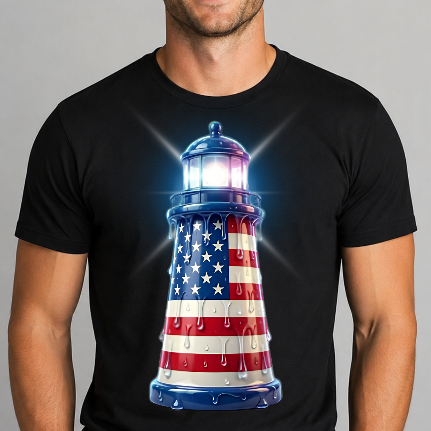 Freedom 250 American Flag Lighthouse Unisex T-Shirt – Bold Patriotic Streetwear Tee