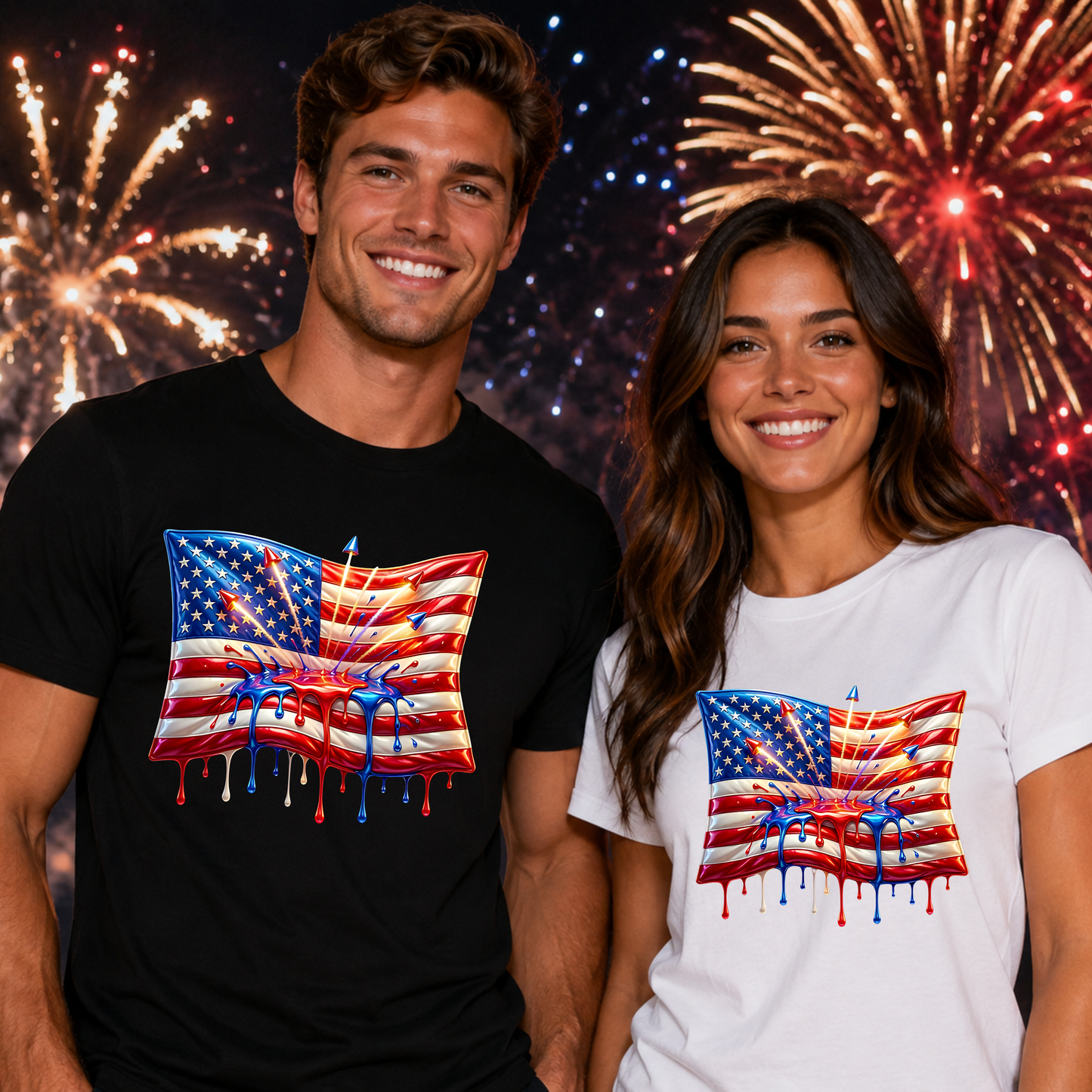 Freedom 250 Flag Fireworks Drip Unisex T-Shirt – Bold Patriotic Streetwear Tee