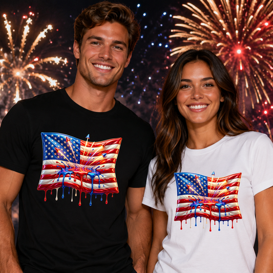 Freedom 250 Flag Fireworks Drip Unisex T-Shirt – Bold Patriotic Streetwear Tee