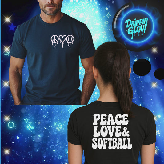 Drippin Glow Collection Peace Love & Softball Unisex T-Shirt – Neon Softball Graphic Tee | Self Care Life